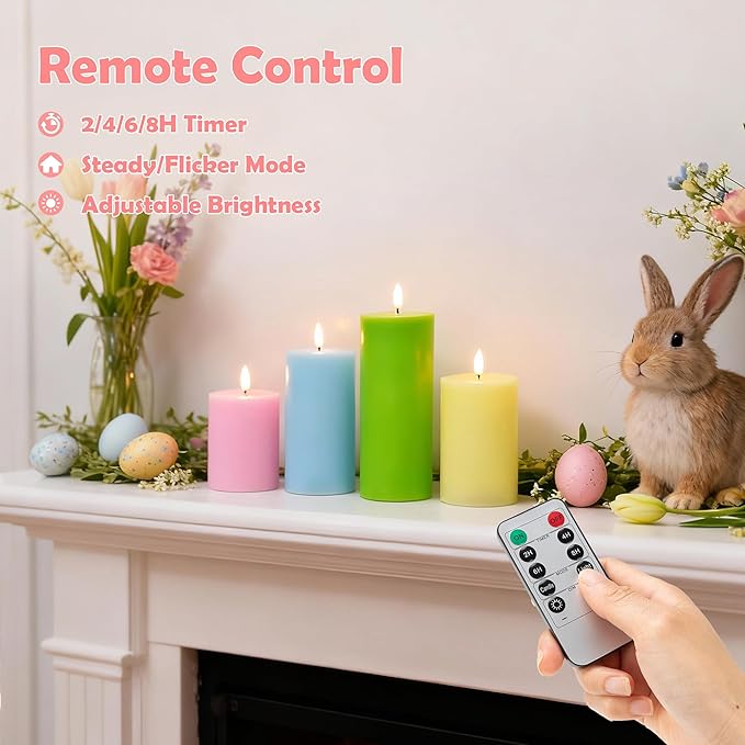Flameless Easter Candles, 4 Pack Pastel Battery Operated Candles with Remote, Real Wax Electronic LED Fake Candles Easter Table Centerpiece Party