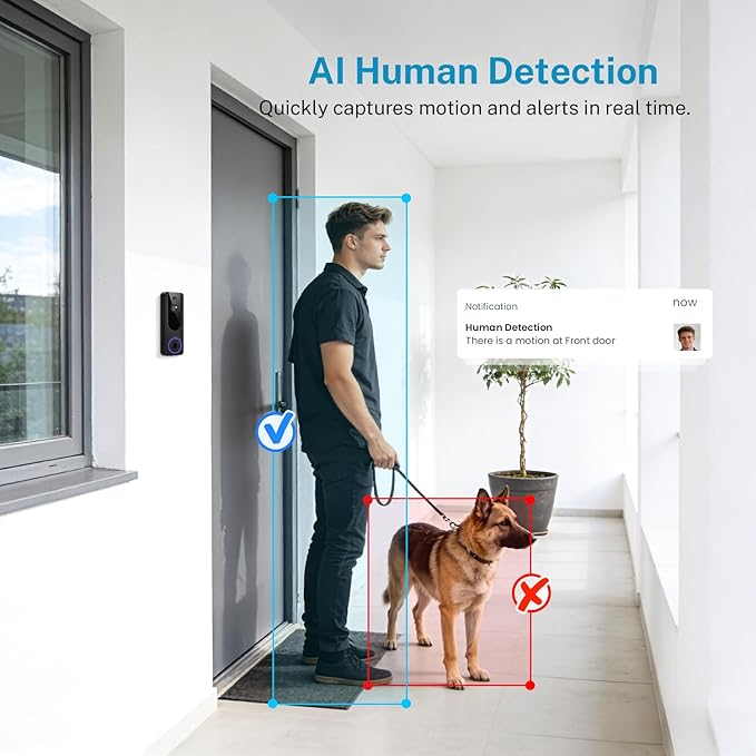 1080P Wireless Video Doorbell Camera, Battery Powered Door Chime, Night Vision, 2-Way Audio, Smart AI Human Detection, Cloud Storage, Home Security Door Bell