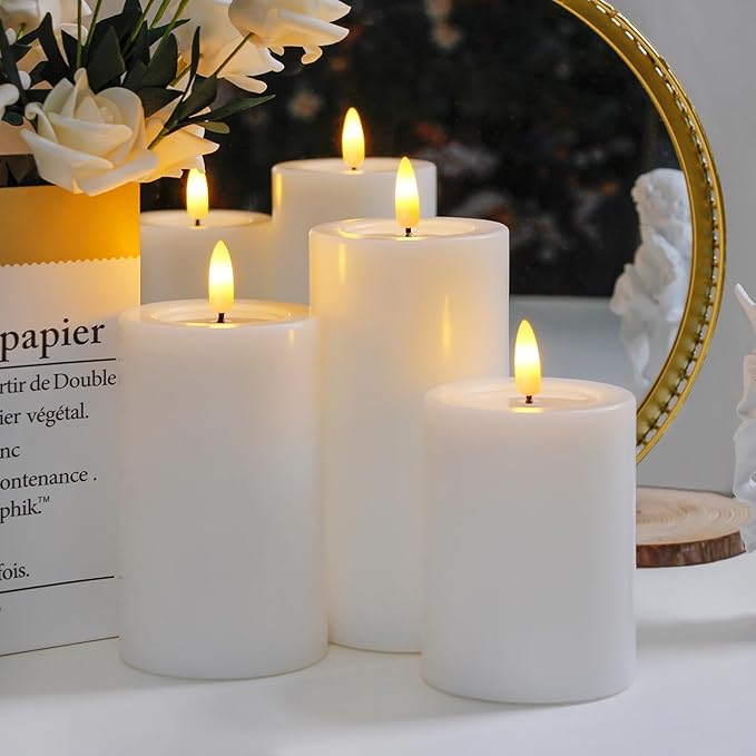 Remote Flameless Flickering Pillar Candles with Candle Grease Effect,Pack of 3 White LED Battery Oprated 2/4/6/8 Hours Timer Real Wax Electric Candles(3x4,5,6 Inches)
