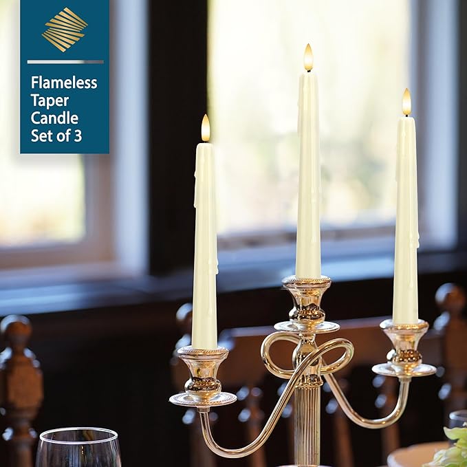 Dripless Flameless Taper Candles with Remote, Real Wax Battery Operated LED Candles Set with 3D Flickering Flame, 9.6" Realistic Dripless Candlesticks for Wedding Home Decor, 3 Pack Ivory