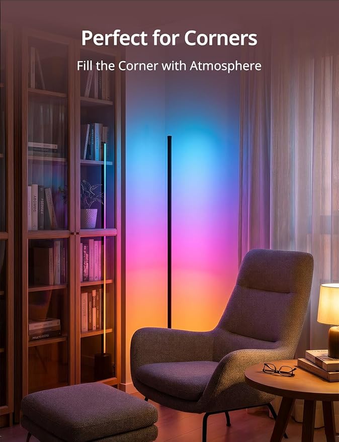 Ailofy Corner Floor Lamp, 1500lm RGBW LED Lamp, Alexa & Google Assistant Compatible, 16 Million DIY Colors, Music Sync, App Control, Modern Smart Floor Lamp for Living Room, Bedroom, Black