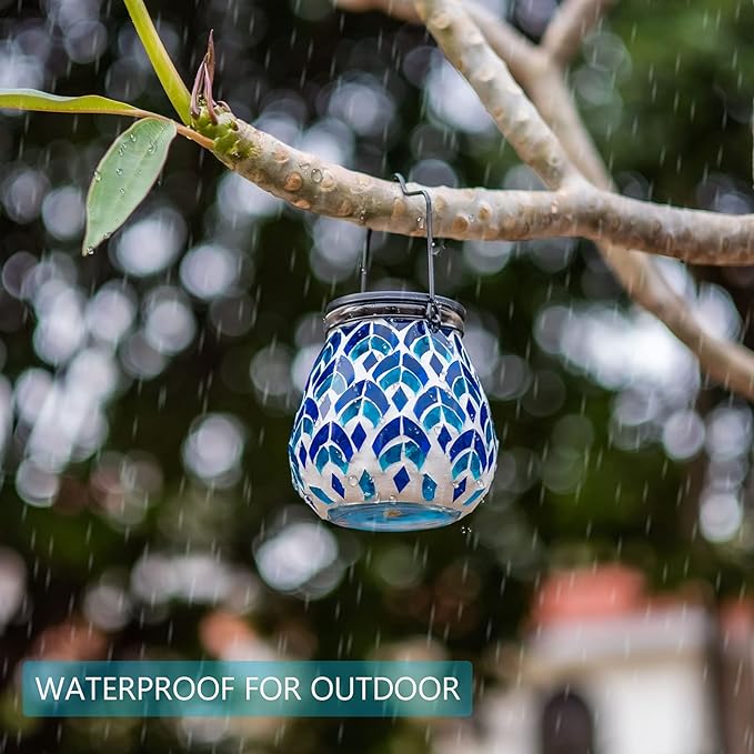Bshine Mosaic Solar Lantern Outdoor Hanging Waterproof, Blue Mosaic Light Indoor Decorative Table, Garden Decor for Yard Outside, Path, Courtyard, Lawn, Outdoor Decor Gift for Mom