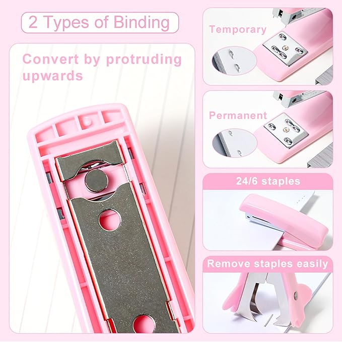 Pink Desk Accessories with Pen Holder, Pink Office Supplies Desk Organizers and Accessories for women, Tape Dispenser, Stapler, Staple Remover, Staples, Clips Set, Ruler, Scissor, Pen, Tape