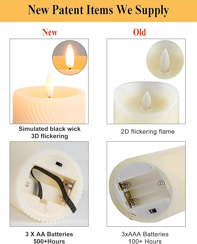 Flickering Flameless Candles with Remote, Real Wax Battery Operated Candles with Timer, Ivory LED Pillar Candles for Wedding/Christmas/Home Decor,Set of 3(Threaded Style)