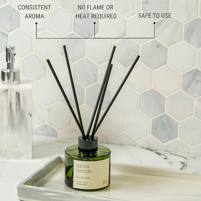 Craft & Kin Santal Woods Christmas Reed Diffuser | All Natural Essential Oil & Rattan Scent Sticks | Holiday Reed Diffusers for Home, Bathroom | Long Lasting Home Fragrance in Green Glass, 3.4oz