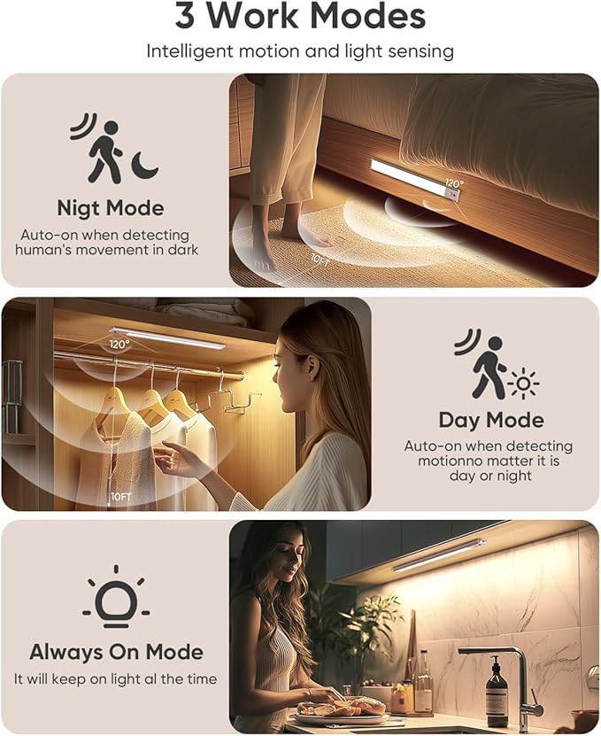 Under Cabinet Lighting Wireless, 2200mAh Rechargeable Motion Sensor Light Indoor, 3 Color Temps, Dimmable, Wireless LED Closet Lights Remote, Magnetic Under Counter Light for Kitchen, Pantry, 6 Pack