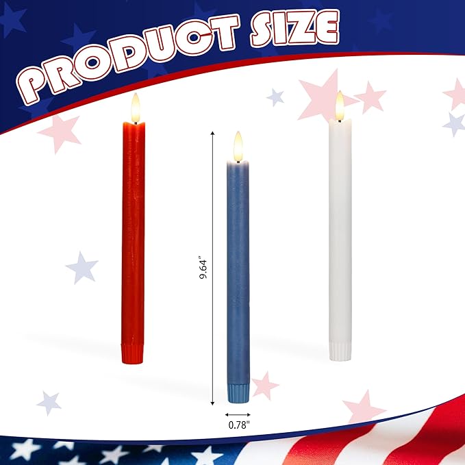 Patriotic Flameless Candles, Red White and Blue Taper Candles, 9.6" Real Wax Battery Operated 4th of July Candlesticks, Flickering Independence Day Candle, Memorial Day Decor, 3 Pack