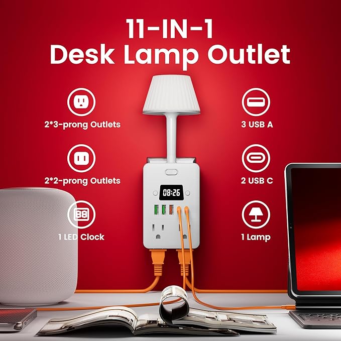 Bedside Power Strip with Lamp & Digital Clock, 4 Outlets 5 USB Ports (2 USBC), 3-Color Temperature Dimmable Bedside Nightstand Light, Multi Plug Outlet Extender for Bedroom Home Office, Coffee Counter