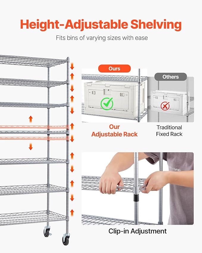 VEVOR 7-Tier Rolling Bin Storage Rack, 22 Organizer Bins, Bin Rack Storage Steel Wire Shelving System with Wheels, Mobile Tool Organizer for Garage, Warehouse, Office, Restaurant, Classroom, Kitchen