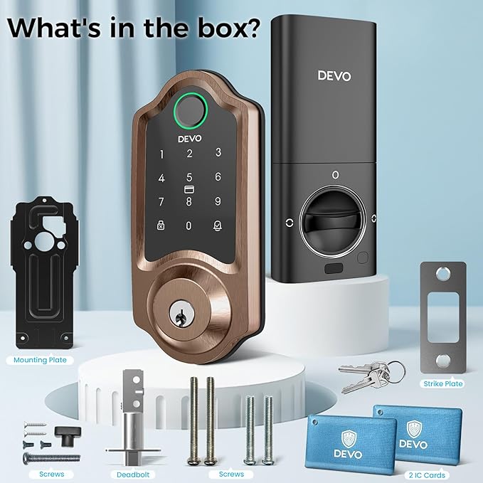DEVO G8 Smart Lock with Doorbell - 6-in-1 Fingerprint Keyless Entry Deadbolt, Built-in Wi-Fi & APP Control, IP54 Waterproof Auto-Lock for Front Door Security, Easy Install (BHMA Certified)
