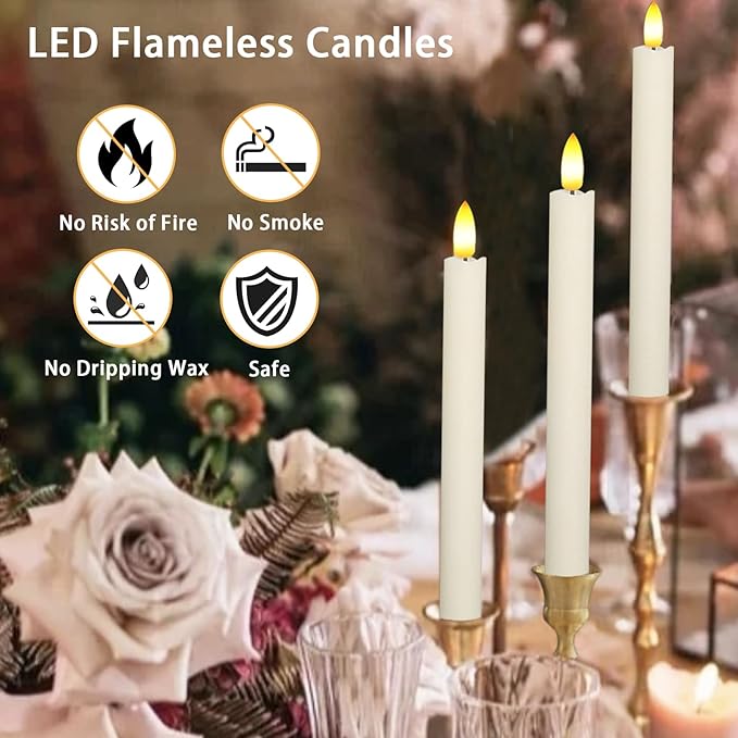 2 PCS Upgraded Real Wax LED Flameless Taper Candles with Remote, KSWING White Candlesticks Battery Operated 3D Flickering - 9.6” Long Realistic Fake Candle Sticks for Home/Wedding/Fireplace Xmas Decor