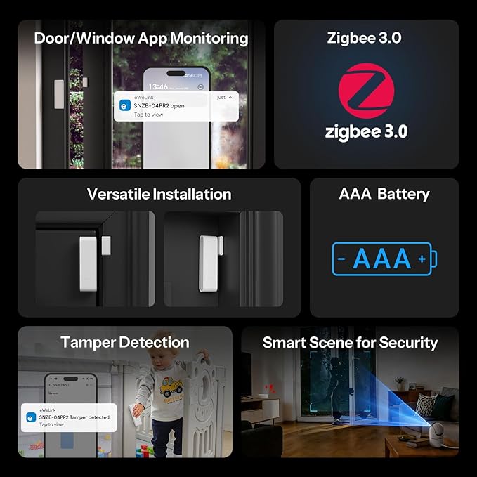 SONOFF SenseGuard DW Gen2 SNZB-04PR2 Zigbee Door Window Contact Sensor, Open/Close Monitoring, Tamper Proof, Phone Alert, Home Security Alarm, Works with Alexa, Home Assistant & SmartThings, 1-Pack