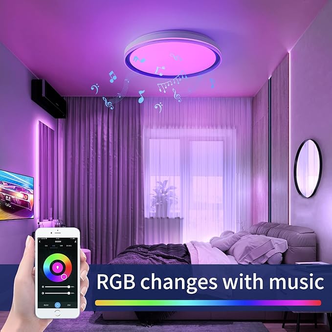 Smart LED Music Ceiling Light,with Remote Control Bluetooth Speaker RGB Dimmable,15.74 inch 36W,WiFi App Compatible with Alexa Google Home,Suitable for Bedroom, Living Room and Children's Room