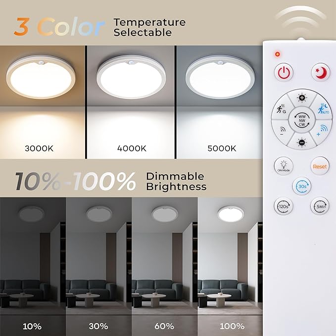 Motion Sensor Ceiling Light with Remote, Night Light 2000K, 8.7 Inch Wired Flush Mount 3000K/4000K/5000K Selectable, 1800LM Dimmable Motion Sensor Light Indoor for Closet Hallway Stairs White