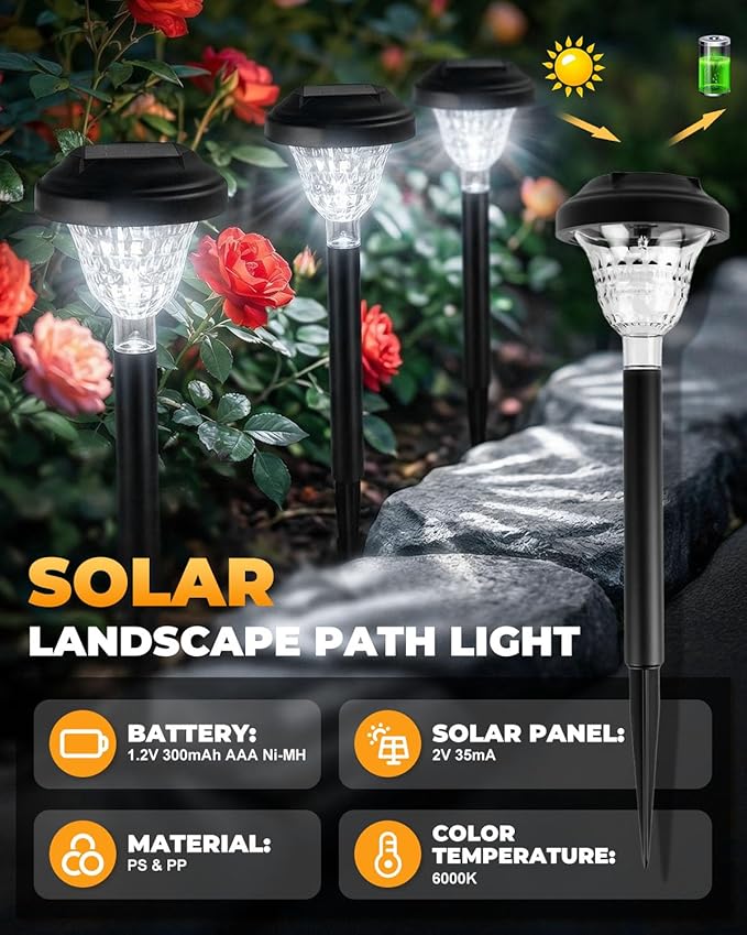 Solar Pathway Lights Outdoor 10 Pack Waterproof Solar Garden Lights Auto On/Off LED Solar Yard Lights 6000K Cool White Solar Stake Lights Outdoor Landscape Path Lights for Driveway Walkway