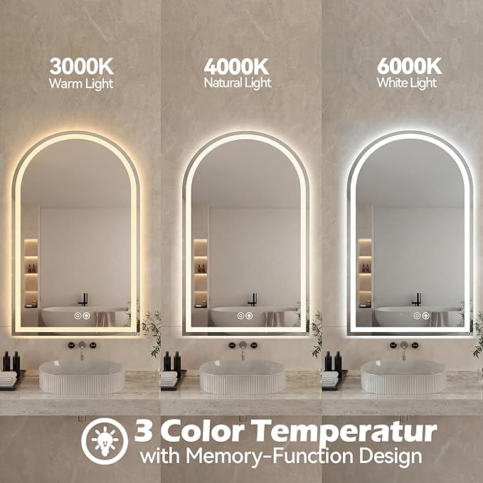 Sweetcrispy 24"×32" LED Bathroom Mirror with Lights, Arched Vanity Mirror with Anti-Fog, Dimmable, 3-Color Light, Memory Function, Tempered Glass