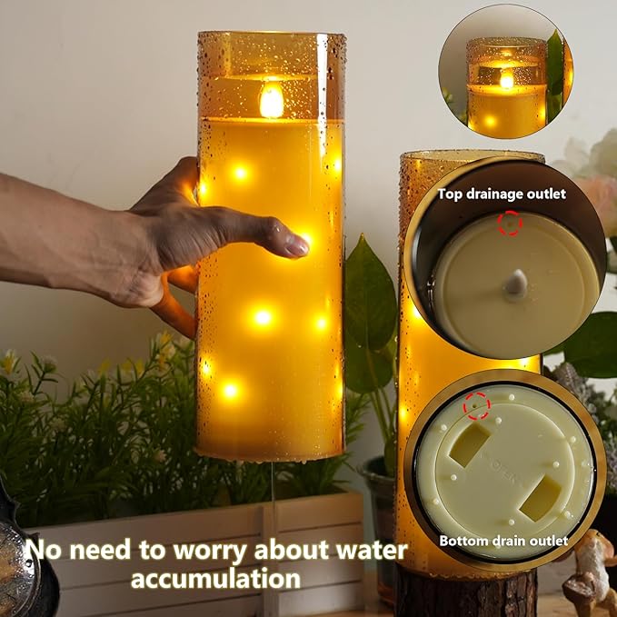 11" x 4" Large Outdoor Waterproof Flameless LED Candles with Remote and Timer,Acrylic Pillar Candles Battery Operated with Embedded Star String for Porch,Patio,Outdoor Decor,Set of 2(Gold)