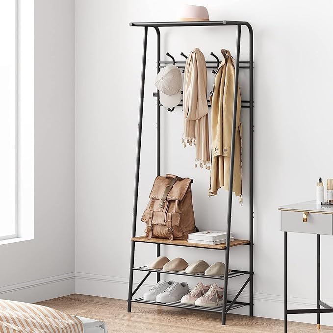 Coat Rack Shoe Bench with 5 Hooks, Entryway Hall Trees with Storage, Multifunctional Hallway Organizer, Wood Look Accent Furniture with Metal Frame, 4-in-1 Hall Trees Shoe Bench (2 Rows-10 Hooks)