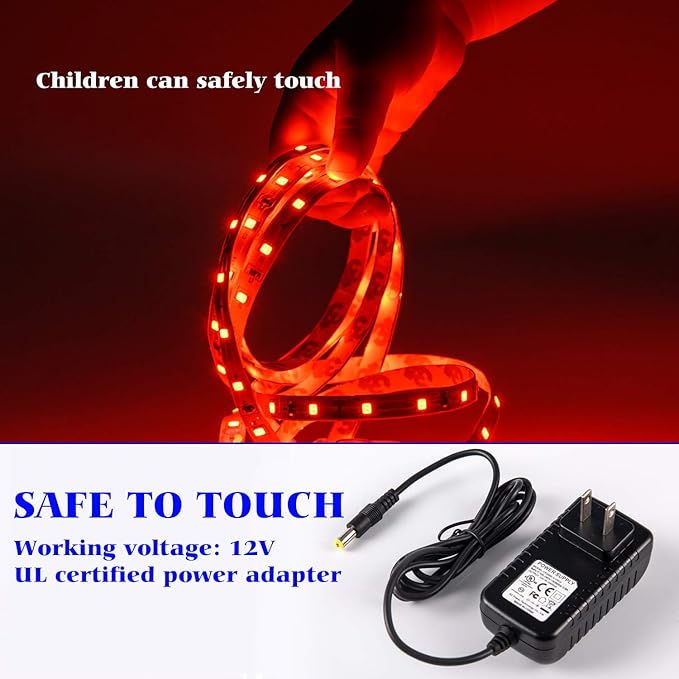 20ft 12V 360 LED Red Strip Light, Flexible Cuttable Non-Waterproof for Indoor Party Decoration, with Power Supply & Dimmer.