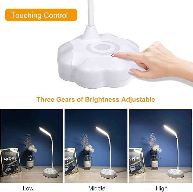 LED Desk Lamp for Bedroom, Eye Protection Table Light with Adjustable Brightness and Flexible Goose Neck Tube, Touch Control Table Lamps for Home Office Study Room (2)