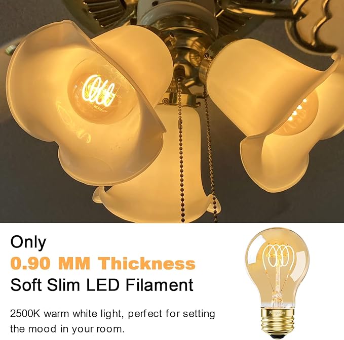 A19 Vintage LED Edison Light Bulbs 40 Watt, 4-Pack Dimmable A19 4W LED 2500K Warm White Light Bulbs, E26 Base, 4W Equal 40 Watt Incandescent Bulbs, Decorative Antique Bulb, 300LM