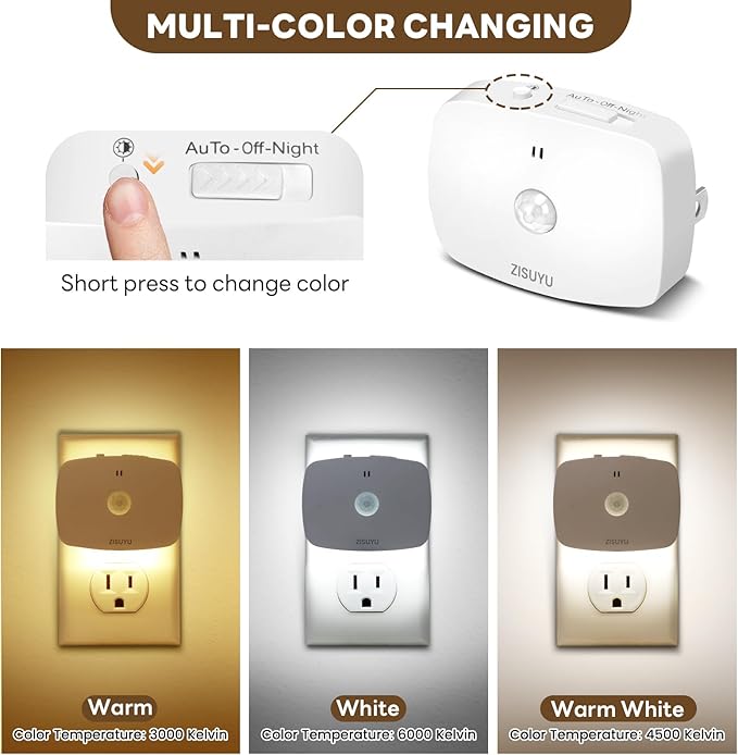 ZISUYU Plug-in LED Backlit Night Light with Motion Sensor & Dusk to Dawn Sensor, 10-60lm Dimmable Nightlight with Multi-Mode & Color-Changing, Ideal for Bedroom, Bathroom, Stairs, Hallway (2 Pack)