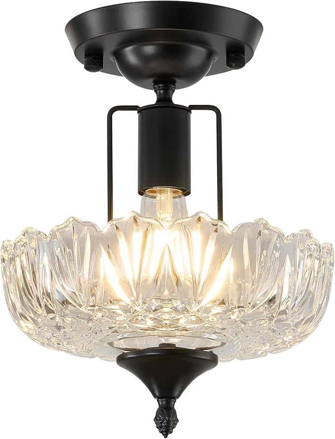 UOFUS Black Semi Flush Mount Ceiling Light Fixture with Clear Glass Shade Flower Small Chandelier Farmhouse Close to Ceiling Light for Hallway Entryway Bedroom Porch Foyer Corridor Kitchen