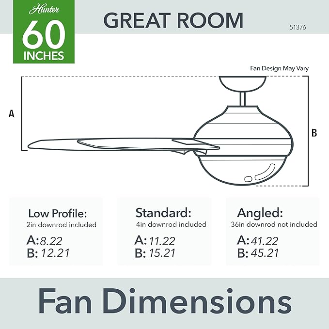 Hunter 60 inch Indoor Ceiling Fan with LED Light and Wall Control - Black Smart Ceiling Fan, Standard Mount, 7 Blades, For Bedroom or Living Room, Quiet - Phenomenon 51376, Matte Black
