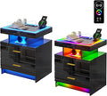 HNEBC LED Nightstand Set of 2 with Charging Station, High Gloss Nightstands Set 2 with Drawer and RGB Dynamic Lighting, Smartt Bedside Table for Bedroom/Living Room (Black)