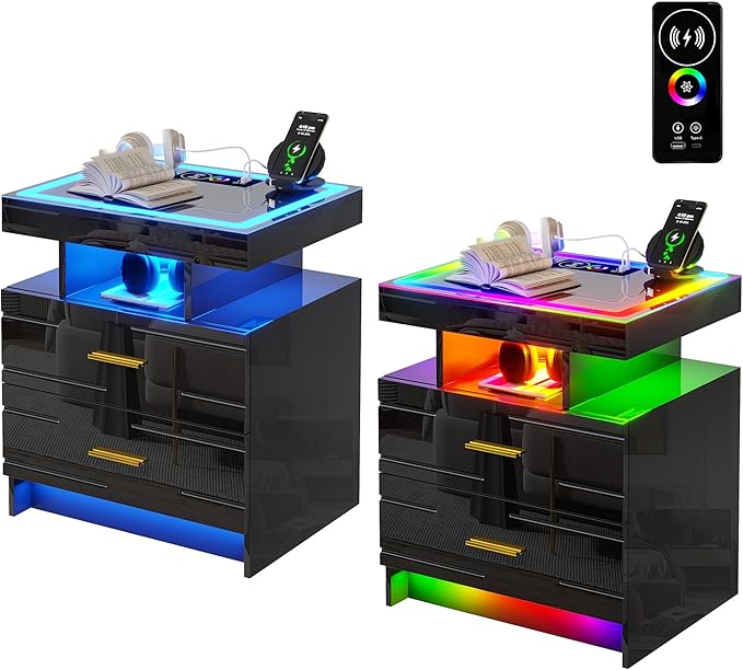 HNEBC LED Nightstand Set of 2 with Charging Station, High Gloss Nightstands Set 2 with Drawer and RGB Dynamic Lighting, Smartt Bedside Table for Bedroom/Living Room (Black)