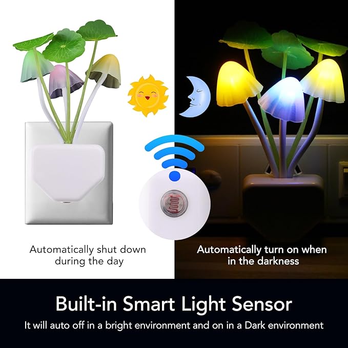 Sensor Led Night Light, Color Changing Plug-in LED Mushroom Dream Bed Lamp