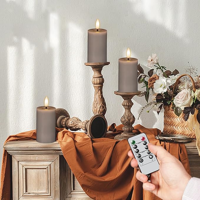 Eldnacele Flameless Pillar Flickering Candles with Remote and Timer, Battery Operated 3D Wick Real Wax LED Candle Set of 6 Gray Candles Christmas Holiday Decor Wedding Home Indoor Decorations