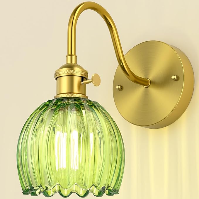 Wall Sconces Lights Lamp for Bedroom Bathroom, Modern Vanity Light Fixtures, Wall Mount Lighting Vintage Tulip Green Glass Shade for Living Room Mirror Hallway Kitchen