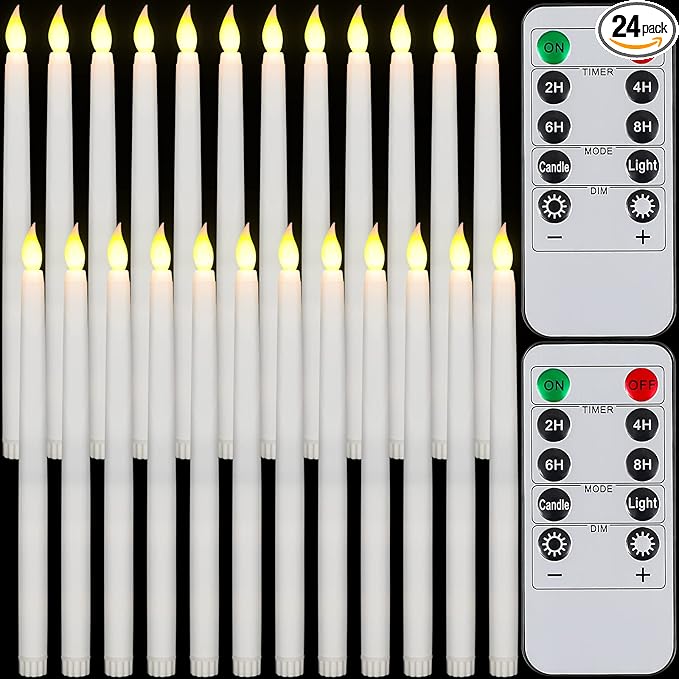 Tuanse 24 Pack Flameless Taper Candles with Remote & Timer, 11" Flickering 3D LED Battery Operated Window Candlesticks, Dimmable for Wedding Table Centerpieces Home Valentine’s Decor(Ivory)