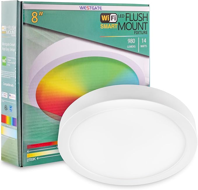 Westgate TC-FML-8-14W-RGBW-WIFI 8 Inch LED Flush Mount Fixture, White Die-Cast Aluminum Housing, Compatible with Alexa, Works with Google Home, Dimmable Ceiling Light, Color Changing Lamp