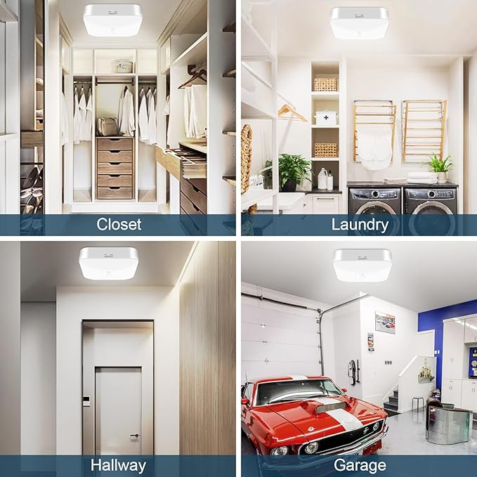 Motion Sensor Rechargeable Ceiling Light Indoor with Remote, Wireless Battery Operated Rechargeable Sensor Light for Closet, Garage, Hallway, 3000K-6000K Battery Powered Shower Lights