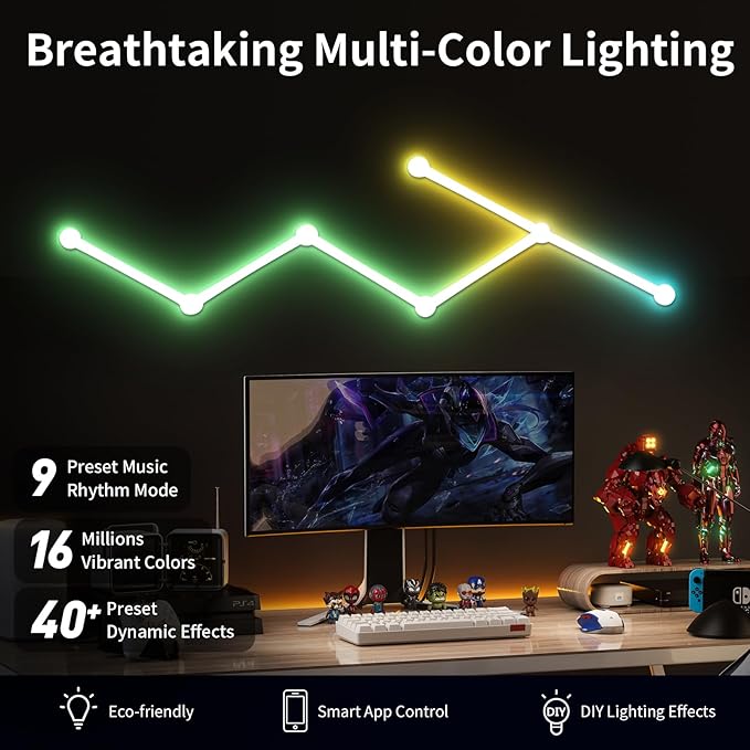 Smart WiFi LED Wall Lights, 16M+ Color Dimmable Gaming Light Works with Alexa and Google Assistant, Music Sync, DIY and Timer Feature, RGB Light Bars for Gaming Room, Bedroom (6 Pcs,White)