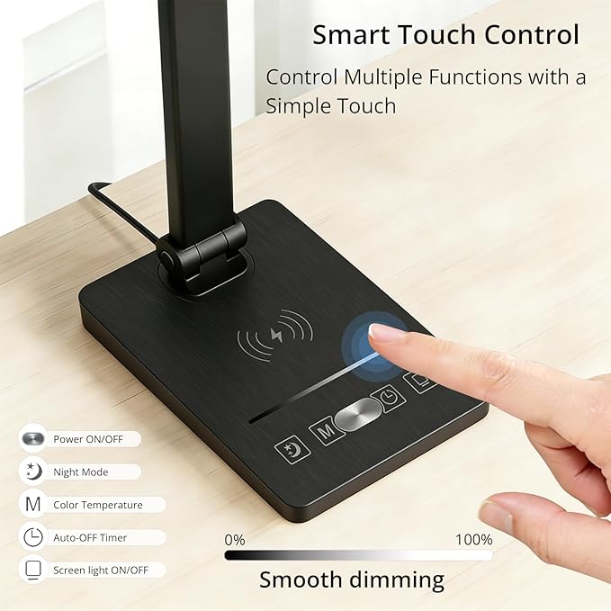 Desk Lamp with Wireless Charger, USB Charging Port, Smart Display Clock, Adjustable Brightness and Color Temperature, Touch Control Desk Light for Office and Bedroom