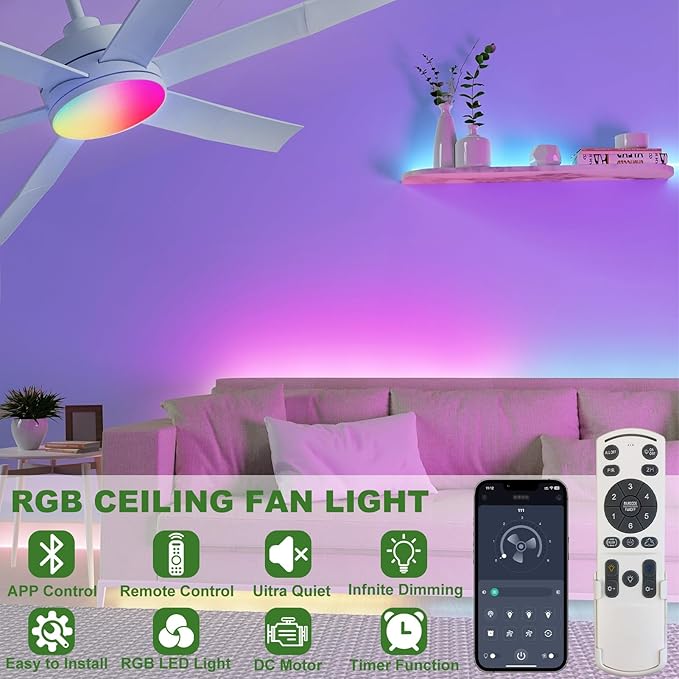 60" Smart Ceiling Fan with RGB Chasing Lights – Quiet DC Motor with Sectional Blades Dimmable CCT via App & Remote Control, Fits Flat or Sloped Ceiling Mount for Large Living Rooms, White