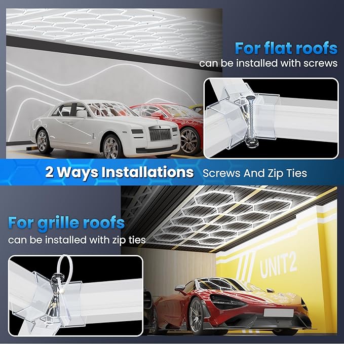 Updated Bigger Size 14 Grid Hexagon Garage LED Lights with Widen 1.33IN Illuminated Surface, 108000LM Led Lights System for Garage, Basement,Warehouse(White Edge) Patent No.US0D1109406S