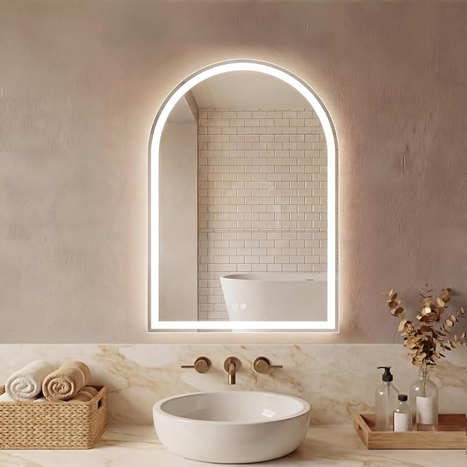 Sweetcrispy 24"×32" LED Bathroom Mirror with Lights, Arched Vanity Mirror with Anti-Fog, Dimmable, 3-Color Light, Memory Function, Tempered Glass