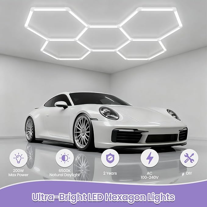 Hexagon Garage Led Lights Dimmable- Hexagon LED Lights, 6500K 17280LM Car Ceiling Detailing Shop Lights for Garage, Basement, Workshop, Warehouse, Gym, Barber, Auto Beauty Shop 5-Pack