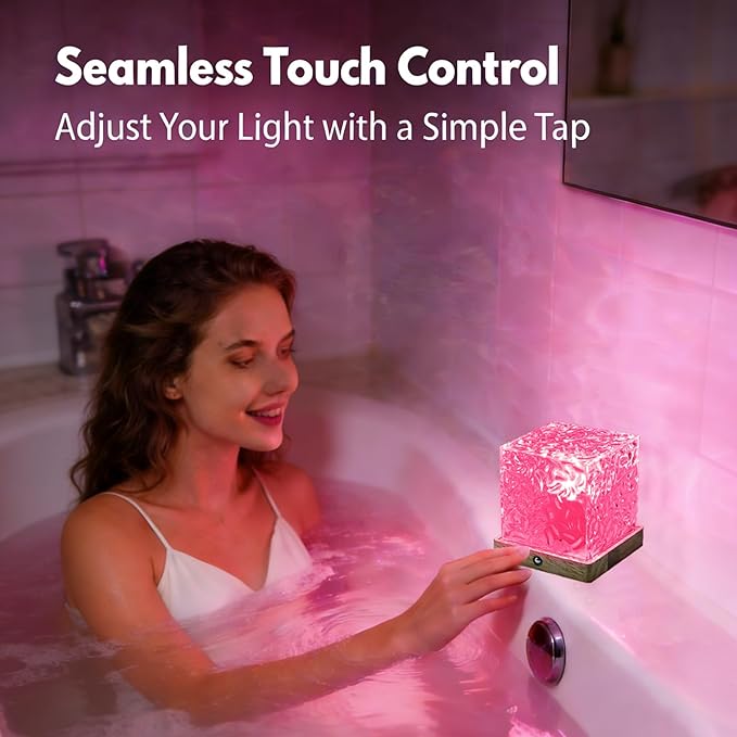 LETOUR Spa Like Shower Lamp,Rechargeable Shower Light 16 Color Changeable Ocean Wave Projector Lamp, Dimmable Waterproof Shower Lamp with Remote, Rotating Cube Water Ripple Lamp for Bath