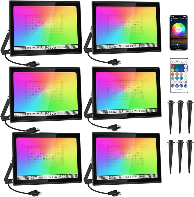 T-SUN RGB Flood Lights Outdoor, 1000W Equivalent Color Changing Landscape LED Light with APP & WiFi & Remote Control, Waterproof Floodlight with 16 Million Colors, Timing, Music Sync (100W-6Pack)