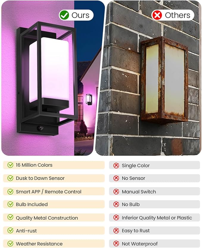 RAYVO Smart Outdoor Wall Light, RGB Color Changing Sconce with App & Voice Control, Dusk to Dawn Outdoor Lighting, Adjustable 2700K–6500K, Waterproof Exterior Light Fixture for House Porch Garage