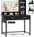 Small Vanity Desk, Vanity Desk with Mirror and Lights, Makeup Vanity Desks with Power Strip, Vanity Table with Drawers and Shelves, Adjustable Lighting, Dressing Table for Bedroom Room, Black