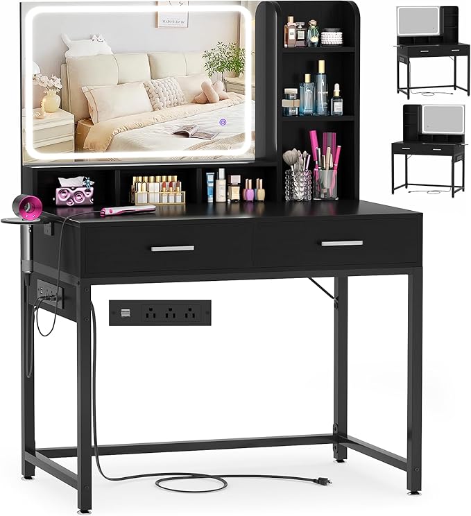 Small Vanity Desk, Vanity Desk with Mirror and Lights, Makeup Vanity Desks with Power Strip, Vanity Table with Drawers and Shelves, Adjustable Lighting, Dressing Table for Bedroom Room, Black