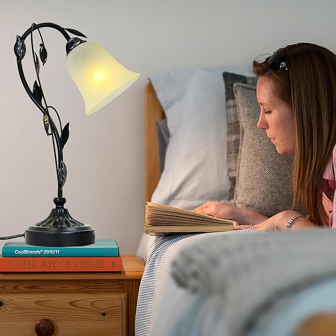 Touch Table Lamps, Flower Vintage Nightstand Lamp, Rustic Reading Bedside Light, Dimmable Farmhouse Stained Glass Lamp with USB for Bedroom Living Room, E26