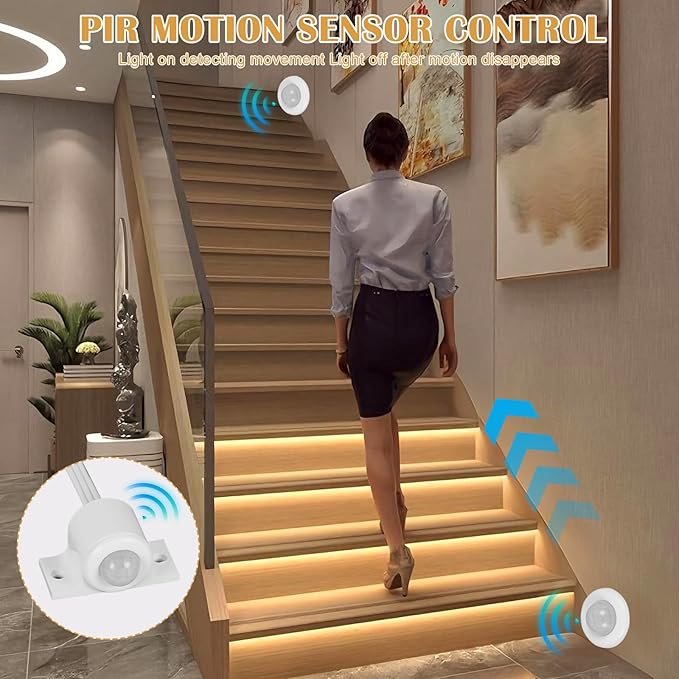 Intelligent Motion Triggered LED Stair Lighting Kit Daylight Sensor PIR Sensor Control Staircase Light One Main Line Design 16 Stairs 40in COB LED Strip Light for Indoor Stair (Warm White-2700K)
