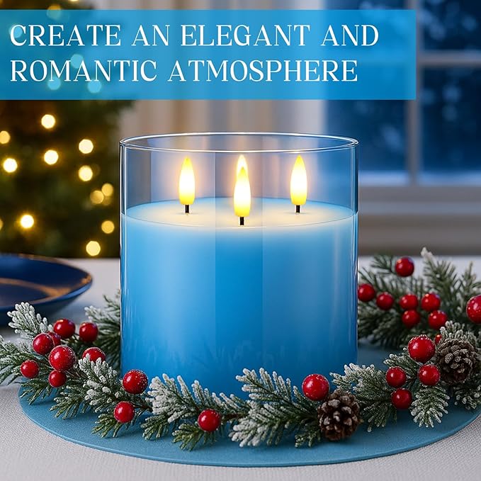 Retisee 6'' x 6'' Extra Large Flameless Candles, 3 Wick Glass Large Candles with Remote Control and Timer Function, Real Wax LED Pillar Flickering for St. Patrick's Spring Party Decor(Blue,1 Pcs)